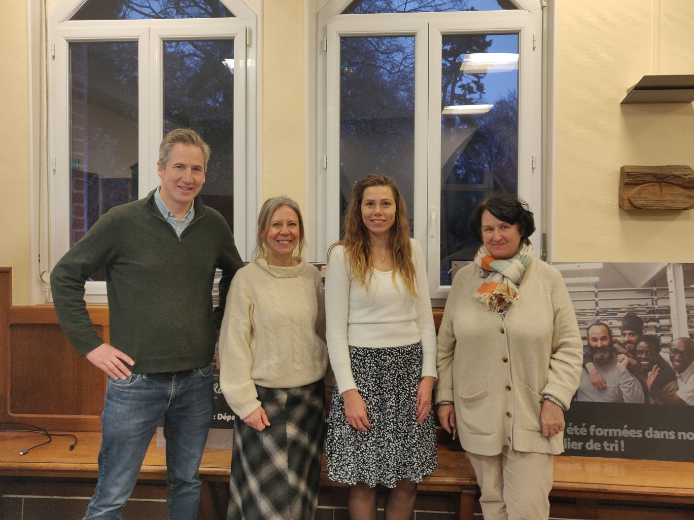 (de g. à dr.) Vianney Poissonnier, Domitille Widmaier, Lisa Weinans et Ghislaine de Baynast porteurs du projet de la Bouquinerie du Sart. ©Aletheia Press/  D. La Phung