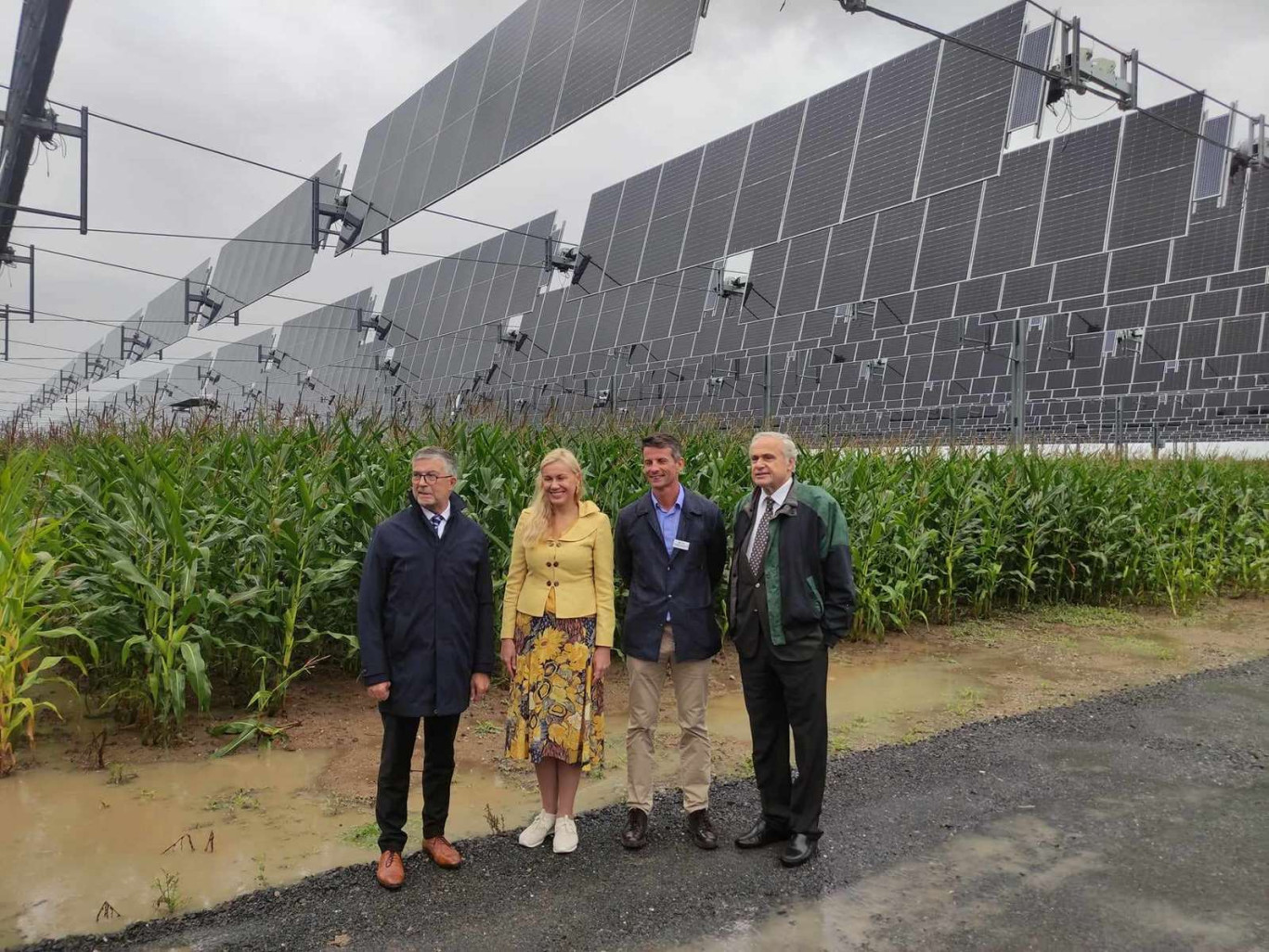 Bertrand Pancher président du groupe LIOT, Kadri Simson commissaire européenne à l'énergie, Mathieu Debonnet, président de TSE et le préfet Rollon Monchel-Blaisot sont allés voir de près la canopée agricole installé au dessus d'un champ de maïs de trois hectares.
