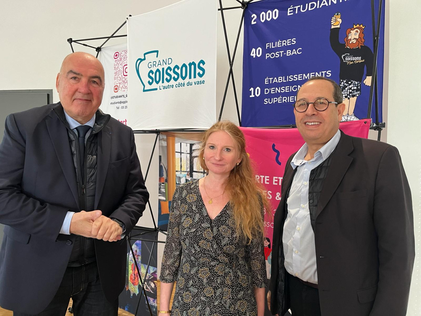 Alain Crémont, président de GrandSoissons, Stéphanie Wdowiak, directrice de l'IUT de l'Aisne et Mohammed Benlahsen, président de l'UPJ, travaillent main dans la main.