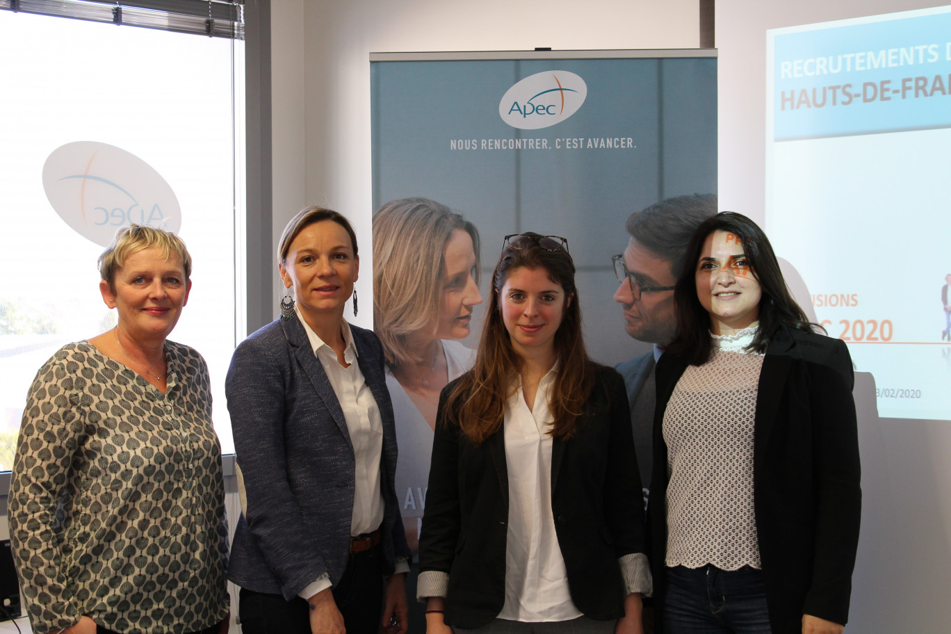 Christine Badier, responsable de centre Apec Amiens, Marie Dumoulin, co,sultante Relations entreprises Hauts-de-France, Anne Walter, Talent Manager chez Innovafeed et Ameline Nayet, responsable du recrutement chez Gueudet.